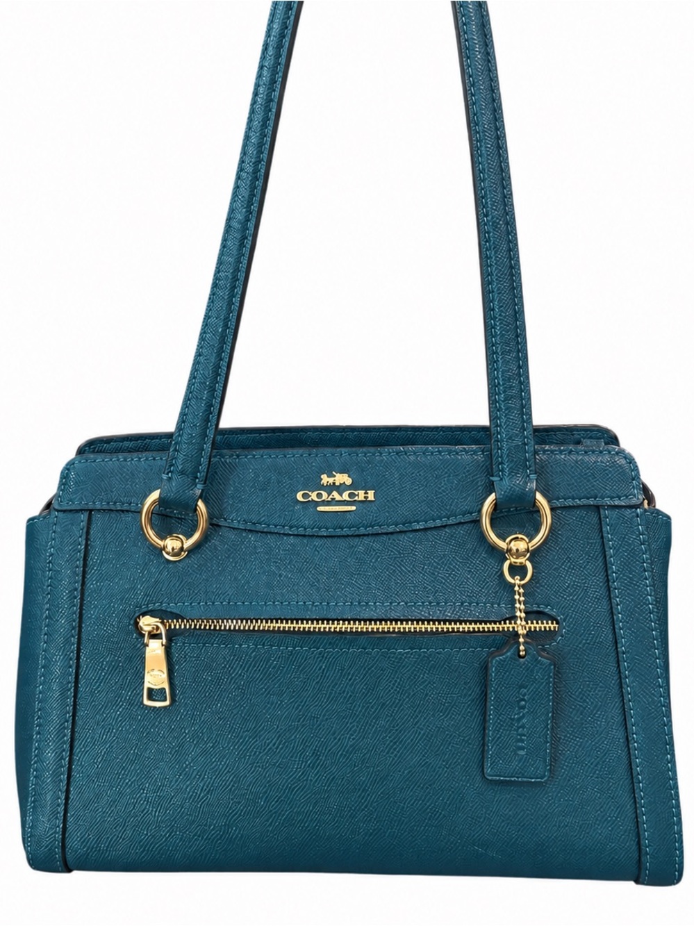 Coach Kailey Carryall Satchel Bag Purse in Teal Blue Green Crossgrain Leather - Picture 2 of 14